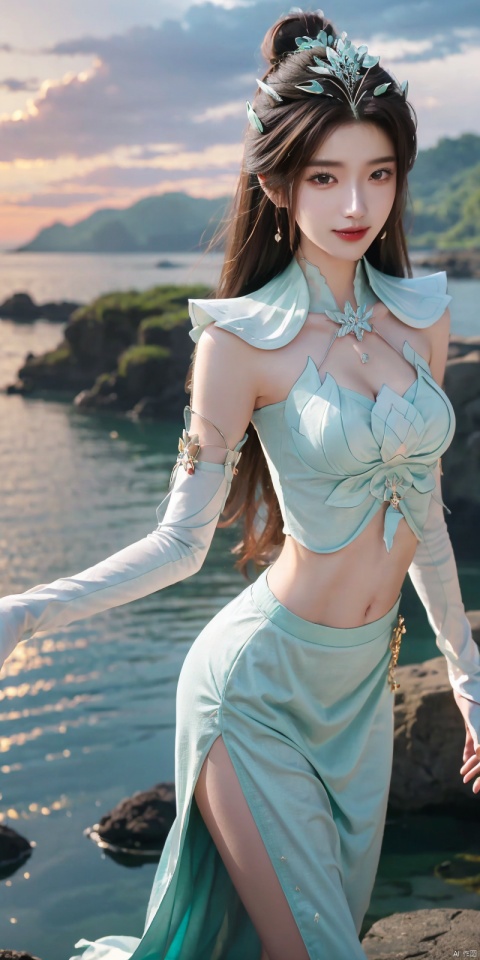  (Good structure),cowboy_shot, DSLR Quality,Depth of field ,looking_at_viewer,Dynamic pose, , kind smile,,
1girl, solo, long hair, , looking at viewer, skirt, hair ornament, bare shoulders, jewelry, , black hair, earrings, outdoors, midriff, water, necklace, lips, crop top, grey eyes, leaning forward, ocean, white skirt, strapless vest, sunset, sun,  , yanruyu