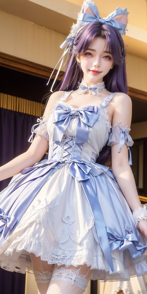  (Good structure), DSLR Quality,Depth of field,kind smile,looking_at_viewer,Dynamic pose, ,(wariza),,Girl, bare shoulders,  , boobs, bow tie, ,purple   eyes, cat ears, collar, ((Lolita Dress: 1.4)) , blue and white Lolita dress, wrinkled leg outfit, hand-held, lips, nose, shoulders, , alone, long_hair, kind smile, looking at the audience, white leg costume, wrist cuffs, 1girl,,looking_at_viewer, , lolidress, ,, ,purple hair, yunxi