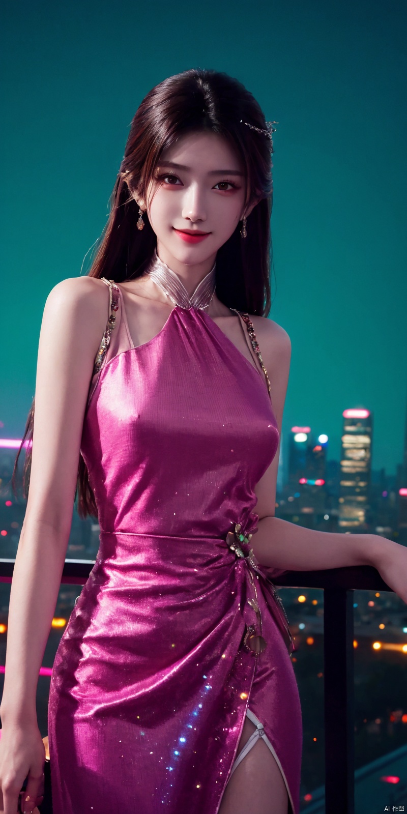  best quality, masterpiece, realistic,cowboy_shot,(Good structure), DSLR Quality,Depth of field,kind smile,looking_at_viewer,Dynamic pose, 
neonpunk style Neon noir leogirl,hANMEIMEI,realistic photography,,On the rooftop of a towering skyscraper,a girl stands,facing the camera directly. Behind her,a multitude of skyscrapers stretches into the distance,creating a breathtaking urban panorama. It's the perfect dusk moment,with the evening sun casting a warm glow on the girl's face,intensifying the scene's impact. The photo captures a sense of awe,with the sharpness and realism making every detail vivid and clear,Hair fluttered in the wind,long hair,halterneck, . cyberpunk, vaporwave, neon, vibes, vibrant, stunningly beautiful, crisp, detailed, sleek, ultramodern, magenta highlights, dark purple shadows, high contrast, cinematic, ultra detailed, intricate, professional, , , , , , dress, blue dress, ,  ,jinpinger