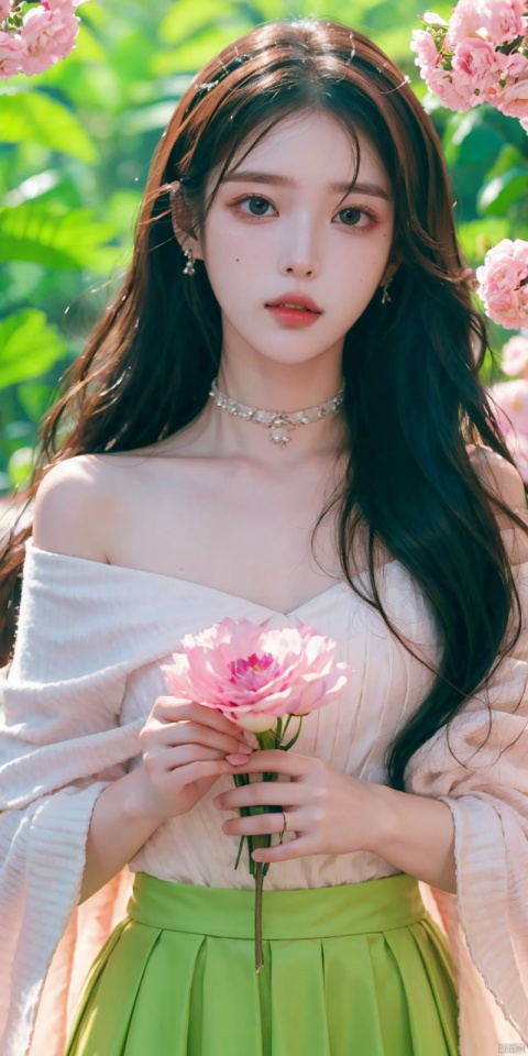 A girl, silk, cocoon, spider web, Solo, Complex Details, Color Differences, Realistic, (Moderate Breath), Off Shoulder,  Pink Long Hair, White Headwear, Hair Above One Eye, Green Eyes, Earrings, Sharp Eyes, Perfect Fit, Choker, Dim Lights, cocoon, transparent, jiBeauty, 1girl, flowers, mtianmei, Look at the camera., flowing skirts, Giant flowers, good hands, dofas, lizhien, ((poakl)), Light master