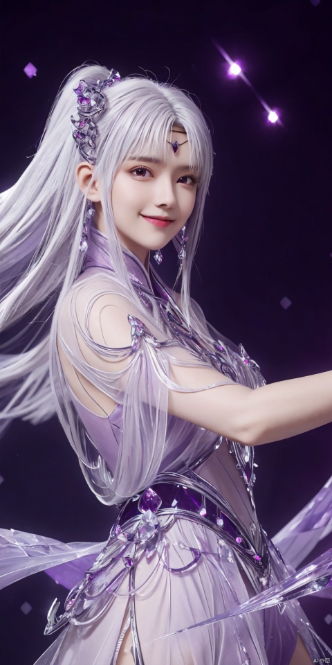  best quality, masterpiece, (Good structure),cowboy_shot, DSLR Quality,Depth of field ,looking_at_viewer,Dynamic pose, , kind smile,
1 girl,(Purple light effect),hair ornament,jewelry,looking at viewer, , dofas,(ultra-detailed crystallization),transparent crystals, , , , , ,, xiaoyixian,white hair