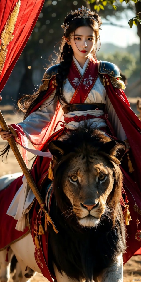  (Good structure), DSLR Quality,Depth of field,kind smile,looking_at_viewer,Dynamic pose, 1girl,Wearing a jade crown, shining silver armor, and wearing a lion headband. Treading towards the sky with cow tendon boots; Wearing a crimson cloak on her shoulders, carrying a three foot green blade on her waist, and carrying an iron tire bow on her back, coupled with her tall figure and resolute expression,Facing the camera, liuyifei, ((poakl))