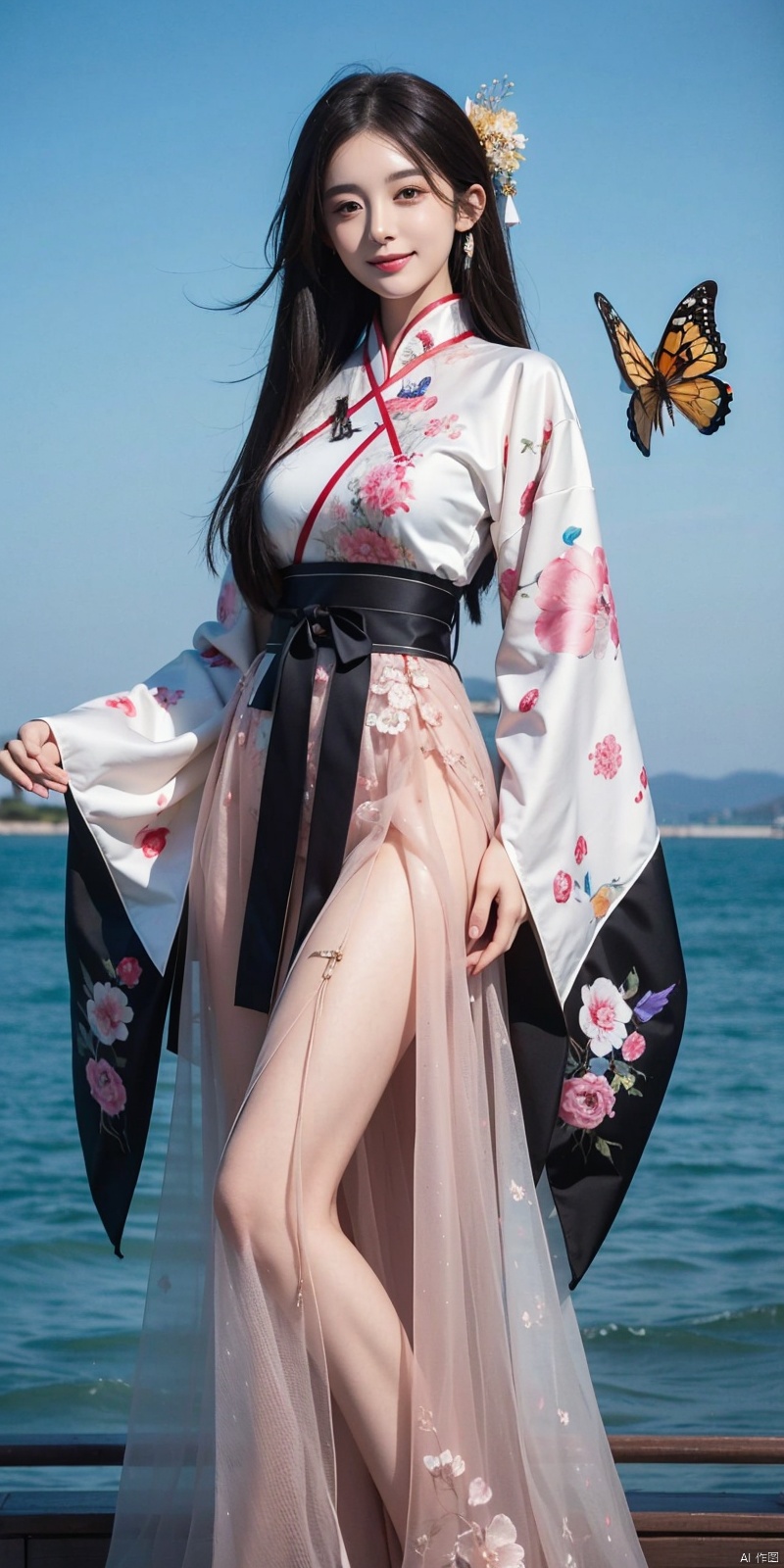  best quality, masterpiece, (cowboy_shot),(Good structure), DSLR Quality,Depth of field,kind smile,looking_at_viewer,Dynamic pose, line art,line style,as style,best quality,masterpiece, The image features a beautiful anime-style illustration of a young woman. She has long black hair and is dressed in a traditional Chinese outfit. The outfit consists of a white top with blue and purple accents, a long skirt, and a butterfly-shaped mirror in her hand. She stands against a backdrop of a clear blue sky and a body of water, with butterflies fluttering around her. AI painting pure tag structure: anime, art, illustration, traditional clothes, blue, white, long hair, black hair, butterfly, mirror, sky, water,  , nazha, chineseclothes