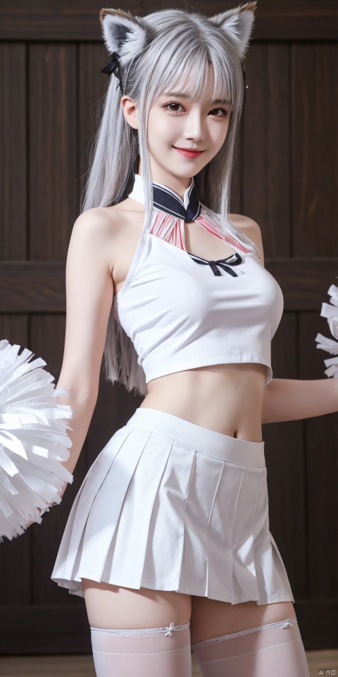 best quality, masterpiece, realistic,cowboy_shot,(Good structure), DSLR Quality,Depth of field,kind smile,looking_at_viewer,Dynamic pose, 
1girl, solo, breasts, looking at viewer, blush,   skirt,  shirt, thighhighs, navel, holding, animal ears, bare shoulders, underwear, standing, panties, tail, , white shirt, thighs,, pleated skirt, , sleeveless, midriff, black thighhighs, indoors, miniskirt, stomach, white panties, crop top, animal ear fluff, bare arms, fox ears, sleeveless shirt, fox tail, halo, pantyshot, white skirt, fox girl, brown thighhighs, cheerleader, pom pom \(cheerleading\), crop top overhang, holding pom poms,   , xiaoyixian,white_hair, blackpantyhose