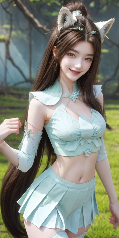 best quality, masterpiece, realistic,cowboy_shot,(Good structure), DSLR Quality,Depth of field,kind smile,looking_at_viewer,Dynamic pose, 
1girl, solo, breasts, looking at viewer, blush, smile, , skirt, brown hair, shirt, thighhighs, navel, holding, animal ears, bare shoulders, , standing, panties, tail,, white shirt, thighs, cowboy shot, pleated skirt, ,, sleeveless, midriff, black thighhighs, indoors, miniskirt, stomach, white panties, grin, crop top, animal ear fluff, bare arms, fox ears, sleeveless shirt, fox tail, halo, pantyshot, white skirt, fox girl, brown thighhighs, cheerleader, pom pom \(cheerleading\), crop top overhang, holding pom poms,  , , yanruyu