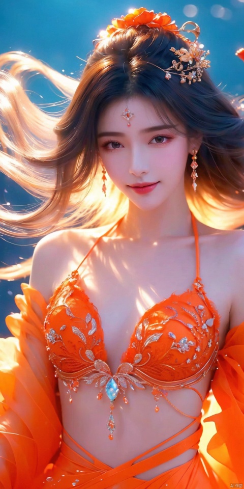 best quality, masterpiece, realistic,cowboy_shot,(Good structure), DSLR Quality,Depth of field,kind smile,looking_at_viewer,Dynamic pose, 
 1 girl,(orange light effect),hair ornament,jewelry,looking at viewer,flower,floating hair,water,underwater,air bubble,submerged, yuechan, 