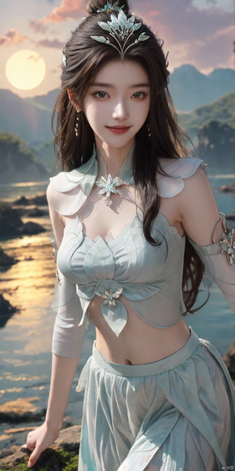  best quality, masterpiece, realistic,cowboy_shot,(Good structure), DSLR Quality,Depth of field,kind smile,looking_at_viewer,Dynamic pose, 
1girl, solo, long hair, , looking at viewer, skirt, hair ornament, bare shoulders, jewelry, , black hair, earrings, outdoors, midriff, water, necklace, lips, crop top, grey eyes, leaning forward, ocean, white skirt, strapless vest, sunset, sun, , , , , , yanruyu