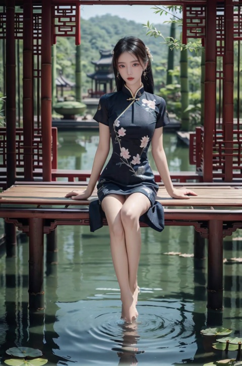  (sunlight, beautiful sky, floating hair, Fisheye lens lens, dynamic angle, distant view, panorama ,overlook,barefoot), ((Ancient_Chinese_architecture)), (short sleeves),with a combination of Morgan colors, Qiu Ying's painting style, And high end color matching, ((A beautiful girl sitting on a bamboo raft in the water, swimming downstream, Huge lotus, rain, (full body), aqua_china_dress)), (bright light,fantasy), ((spotted light)),1 girl, ((black hair, shy, blush)), Detail, , jinchen, chinese dress