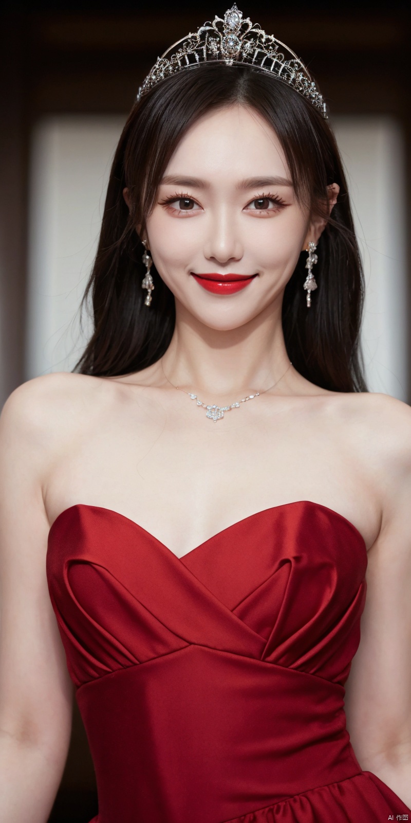  best quality, masterpiece, full_body,(Good structure), DSLR Quality,Depth of field,kind smile,looking_at_viewer,Dynamic pose, 
tangyan, 1girl, solo, realistic, dress, tiara, jewelry, black hair, earrings, lipstick, makeup, red lips, blurry, upper body