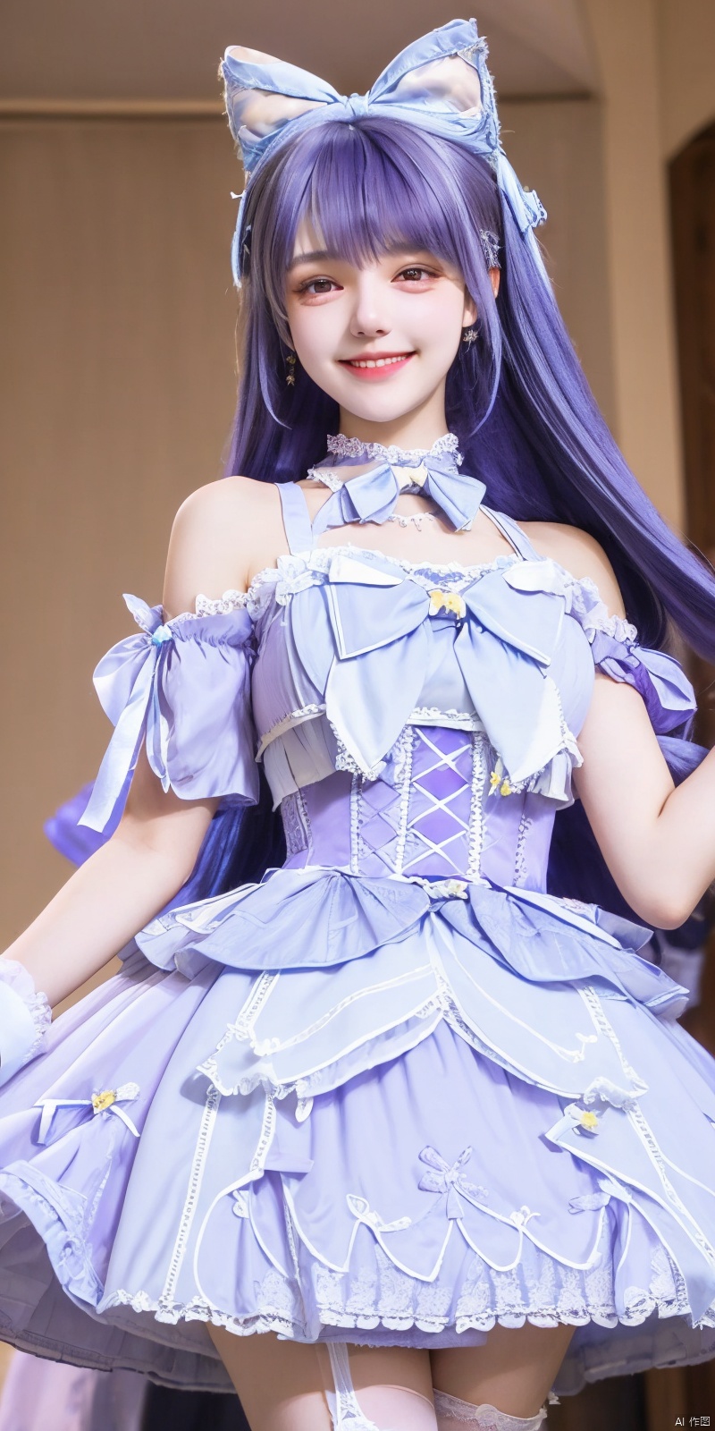  (Good structure), DSLR Quality,Depth of field,kind smile,looking_at_viewer,Dynamic pose, ,(wariza),,Girl, bare shoulders, blue hair, boobs, bow tie, brown eyes, cat ears, collar, ((Lolita Dress: 1.4)) , blue and white Lolita dress, wrinkled leg outfit, hand-held, lips, nose, shoulders, , alone, long_hair, kind smile, looking at the audience, white leg costume, wrist cuffs, 1girl,,looking_at_viewer, , lolidress, ,, ,purple hair, shengcaier