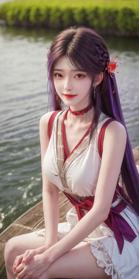 best quality, masterpiece, realistic,cowboy_shot,(Good structure), DSLR Quality,Depth of field,kind smile,looking_at_viewer,Dynamic pose, 
1girl, solo, long hair, breasts, looking at viewer, bangs,   hair ornament, dress, ribbon,  , bare shoulders, twintails, jewelry, medium breasts, sitting, very long hair, purple eyes, collarbone, hair ribbon, purple hair, flower, thighs, earrings, outdoors, parted lips, sleeveless, choker, hand up, hair flower, water,  white dress, bare arms, petals,  , sleeveless dress, black choker, short dress, frilled dress, white flower, purple ribbon, spaghetti strap,
 ,huolinger