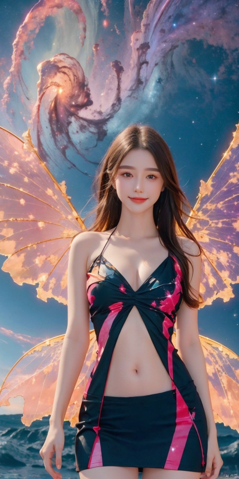  best quality, masterpiece, cowboy_shot,(Good structure), DSLR Quality,Depth of field,kind smile,looking_at_viewer,Dynamic pose, , 1girl, wings, solo, nebula wings, , long hair, navel, dress, pink wings, looking at viewer, star \(sky\), , , bare shoulders, sky, starry sky, collarbone, realistic, nebula,,,,, xuancaiqun, , , tasha