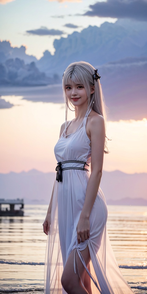  best quality, masterpiece, realistic, ,(Good structure), DSLR Quality,Depth of field,kind smile,looking_at_viewer,Dynamic pose, 
1girl, solo, looking at viewer, , ,, , bangs,  , dress, ribbon, bare shoulders,  , standing, collarbone,  outdoors, sky, sleeveless, cloud, signature, blunt bangs, water, white dress, bare arms, black ribbon, sleeveless dress, ocean, sunlight, wading, sunset, skirt hold, sun, horizon, sundress, see-through silhouette,  , xiaoyixian,(white hair)