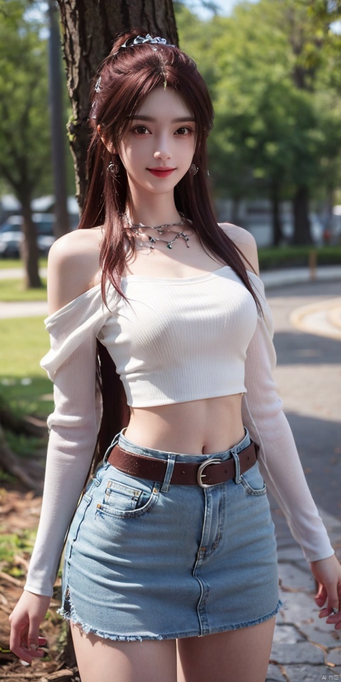  best quality, masterpiece, cowboy_shot,(Good structure), DSLR Quality,Depth of field,kind smile,looking_at_viewer,Dynamic pose,
 1girl, 3d, bare_shoulders, belt, blurry, blurry_background, blurry_foreground, branch, , , , collarbone, cosplay_photo, denim, denim_skirt, depth_of_field, , lips, long_hair, looking_at_viewer, midriff, miniskirt, motion_blur, navel, outdoors, photo_\(medium\), realistic, skirt, solo, standing, tree, , , , yeqinxian