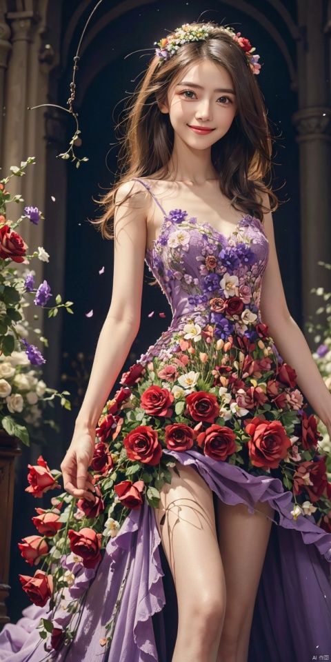 best quality, masterpiece, cowboy_shot,(Good structure), DSLR Quality,Depth of field,kind smile,looking_at_viewer,Dynamic pose, 

flower,purple rose,purple flower,hair flower,hair ornament,
, , weddingdress, , whitedress, ,, dress, yuanyuan,red dress