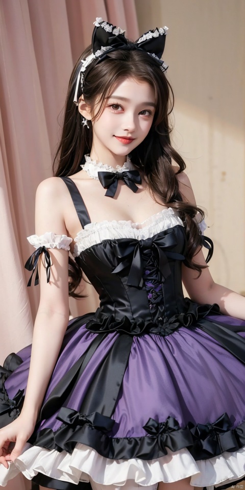  (Good structure), DSLR Quality,Depth of field,kind smile,looking_at_viewer,Dynamic pose, ,(wariza),,Girl, bare shoulders, , boobs, bow tie, ,purple eyes, cat ears, collar, ((Lolita Dress: 1.4)) , blue and white Lolita dress, wrinkled leg outfit, hand-held, lips, nose, shoulders, , alone, long_hair, kind smile, looking at the audience, white leg costume, wrist cuffs, 1girl,,looking_at_viewer, , lolidress , guanxiaotong