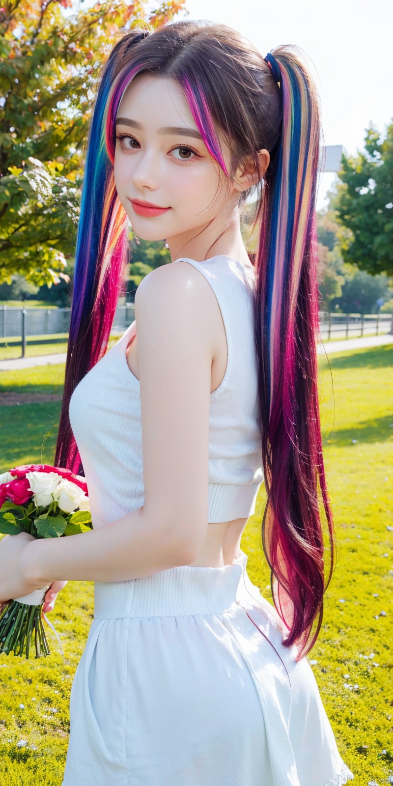  cowboy shot,(Good structure), DSLR Quality,Depth of field,kind smile,looking_at_viewer,Dynamic pose,、Butterfly Fairy、Metamorphosis、,（The gesture of presenting a bouquet、Holding a bouquet of flowers in your hands）、Morning park、、、 (8K, Photorealistic, Raw photo, Best Quality: 1.4), Beautiful face, (Realistic face), Beautiful detailed eyes, (Realistic skin), Attractive, Intricate details,Golden ratio, 1 girl,Naughty smile, (rainbow hair:1.4),((Long twintails,Ribbon 1.4)),,(Blue Butterfly Hair Ornament 1.3),
,Dynamic Pose,Dynamic Angle,Intricate details, Hyper realistic、Face enhancement、、Autumn Park、the morning sun、、rainbows, , ((poakl)), tasha,white Short top, sleeveless, short skirt
, 1girl