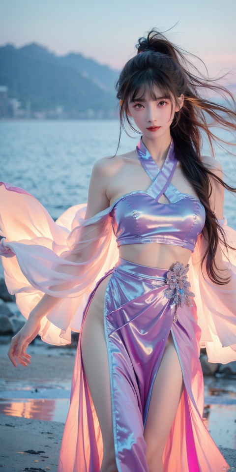  best quality, masterpiece, realistic,full_body,(Good structure), DSLR Quality,Depth of field,kind smile,looking_at_viewer,Dynamic pose, 
 Surrealism Dream Style,glowing neon color,RAW photo,at night,1girl,solo,sea,black hair,ponytail,looking at viewer,long hair,up,lips,sash,water splaashing,hair ornament,realistic,wide sleeves,hanfu,long dress,Semi transparent gauze skirt,surrealist,Best quality,masterpiece,ultra high res,Petal skirt,wind,flowers,bloom,Clouds,smoke,neon lights, 80sDBA style, 1 girl, , , fangfang