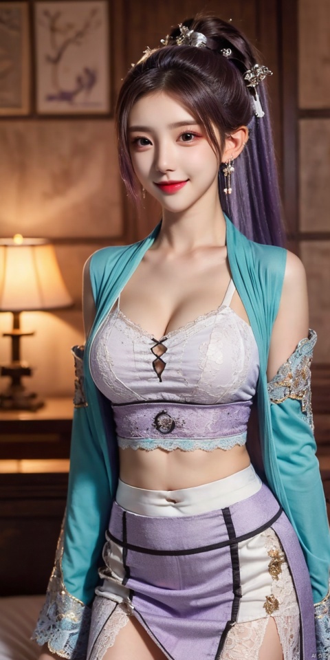  (Good structure), DSLR Quality, cowboy_shot, 1girl, Lace skirt, on Stomach, bed,aqua_earrings,chang,  ((poakl)),kind smile, hanyue, high ponytail, purple hair,
