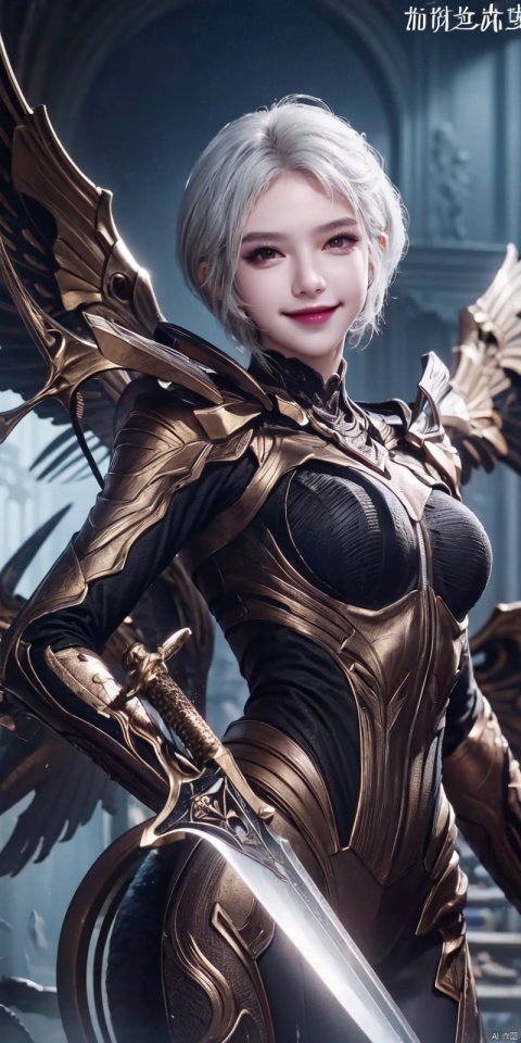  best quality, masterpiece, realistic,,(Good structure), DSLR Quality,Depth of field,kind smile,looking_at_viewer,Dynamic pose, 
jiuhuangnv, 1girl, wings, weapon, sword, short hair,white_hair