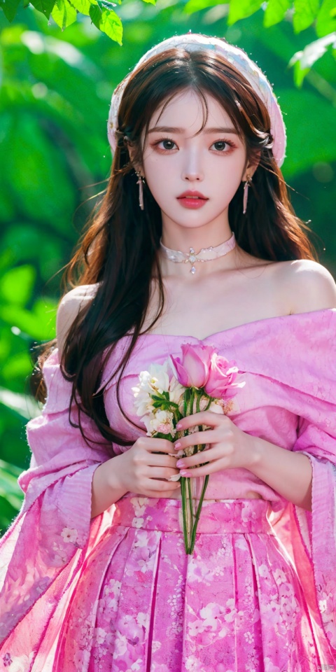  A girl, silk, cocoon, spider web, Solo, Complex Details, Color Differences, Realistic, (Moderate Breath), Off Shoulder,  Pink Long Hair, White Headwear, Hair Above One Eye, Green Eyes, Earrings, Sharp Eyes, Perfect Fit, Choker, Dim Lights, cocoon, transparent, jiBeauty, 1girl, flowers, mtianmei, Look at the camera., flowing skirts, Giant flowers, good hands, dofas, lizhien, ((poakl)), Light master