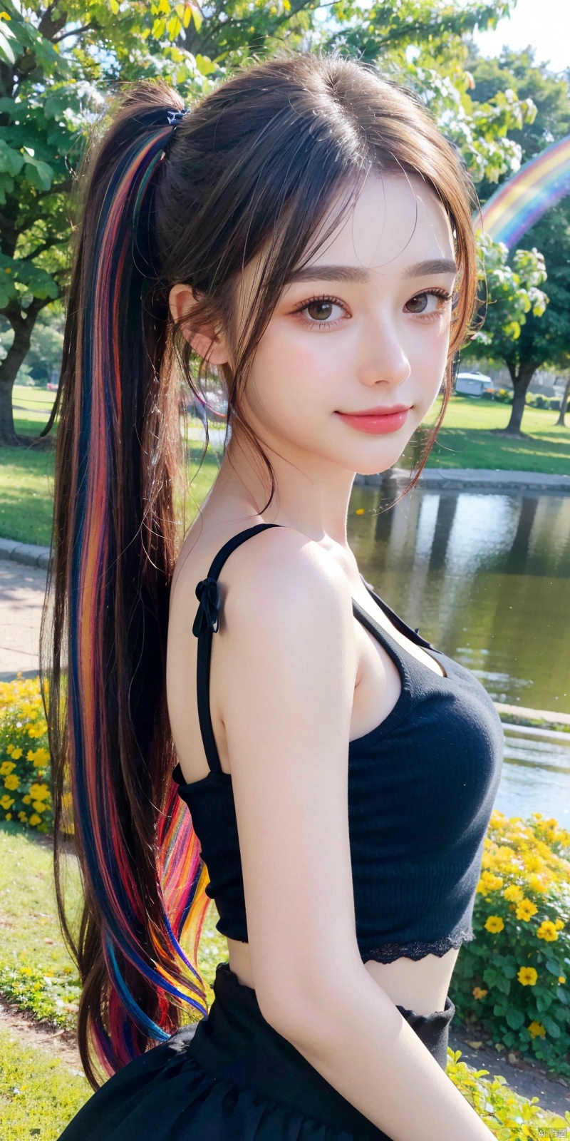  cowboy shot,(Good structure), DSLR Quality,Depth of field,kind smile,looking_at_viewer,Dynamic pose,、Butterfly Fairy、Metamorphosis、Bouquet of blue roses（The gesture of presenting a bouquet、Holding a bouquet of flowers in your hands）、Morning park、、、 (8K, Photorealistic, Raw photo, Best Quality: 1.4), Beautiful face, (Realistic face), Beautiful detailed eyes, (Realistic skin), Attractive, Intricate details,Golden ratio, 1 girl,Naughty smile, (rainbow hair:1.4),((Long twintails,Ribbon 1.4)),,(Blue Butterfly Hair Ornament 1.3),
,Dynamic Pose,Dynamic Angle,Intricate details, Hyper realistic、Face enhancement、、Autumn Park、the morning sun、、rainbows, , ((poakl)), tasha,Short top, sleeveless, short skirt
, 1girl