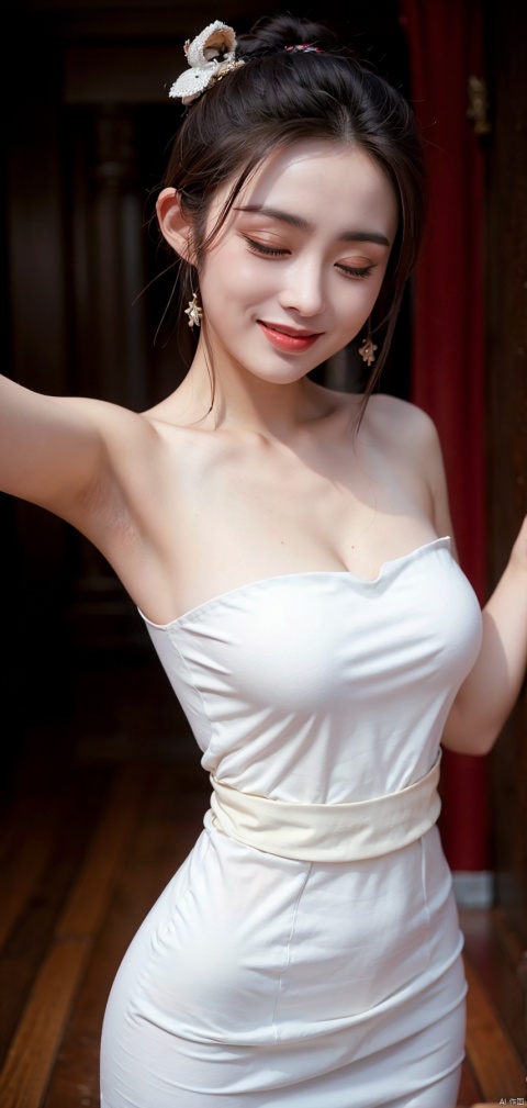  best quality, masterpiece,cowboy shot,(Good structure), DSLR Quality,Depth of field,kind smile,looking_at_viewer,Dynamic pose,,
zhangmin, 1girl, solo, dress, closed eyes, black hair, white dress, animal, bare shoulders