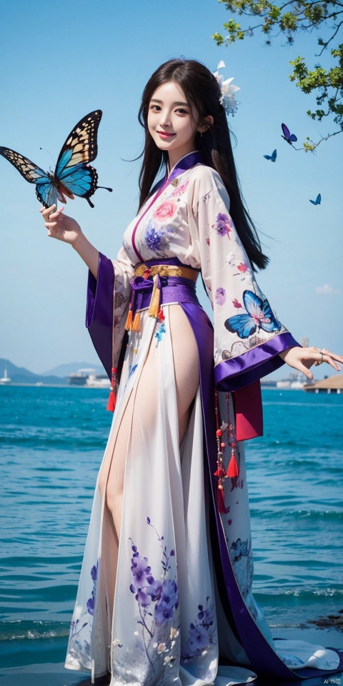  best quality, masterpiece, (cowboy_shot),(Good structure), DSLR Quality,Depth of field,kind smile,looking_at_viewer,Dynamic pose, line art,line style,as style,best quality,masterpiece, The image features a beautiful anime-style illustration of a young woman. She has long black hair and is dressed in a traditional Chinese outfit. The outfit consists of a white top with blue and purple accents, a long skirt, and a butterfly-shaped mirror in her hand. She stands against a backdrop of a clear blue sky and a body of water, with butterflies fluttering around her. AI painting pure tag structure: anime, art, illustration, traditional clothes, blue, white, long hair, black hair, butterfly, mirror, sky, water,  , nazha, chineseclothes