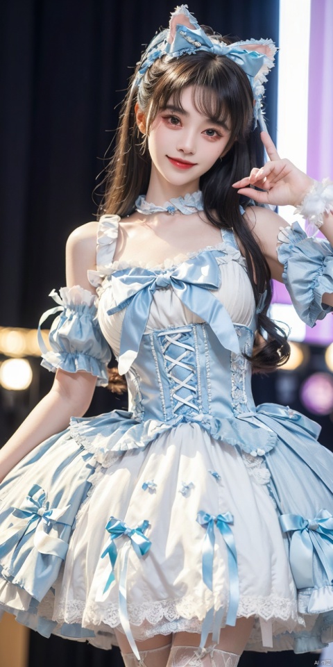  (Good structure), DSLR Quality,Depth of field,kind smile,looking_at_viewer,Dynamic pose, ,(wariza),,Girl, bare shoulders, , boobs, bow tie, ,purple eyes, cat ears, collar, ((Lolita Dress: 1.4)) , blue and white Lolita dress, wrinkled leg outfit, hand-held, lips, nose, shoulders, , alone, long_hair, kind smile, looking at the audience, white leg costume, wrist cuffs, 1girl,,looking_at_viewer, , lolidress , , jujingyi