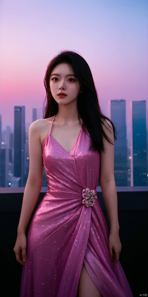  neonpunk style Neon noir leogirl,hANMEIMEI,realistic photography,,On the rooftop of a towering skyscraper,a girl stands,facing the camera directly. Behind her,a multitude of skyscrapers stretches into the distance,creating a breathtaking urban panorama. It's the perfect dusk moment,with the evening sun casting a warm glow on the girl's face,intensifying the scene's impact. The photo captures a sense of awe,with the sharpness and realism making every detail vivid and clear,Hair fluttered in the wind,long hair,halterneck, . cyberpunk, vaporwave, neon, vibes, vibrant, stunningly beautiful, crisp, detailed, sleek, ultramodern, magenta highlights, dark purple shadows, high contrast, cinematic, ultra detailed, intricate, professional, ((poakl)), Light master,, , jinmai, dress
