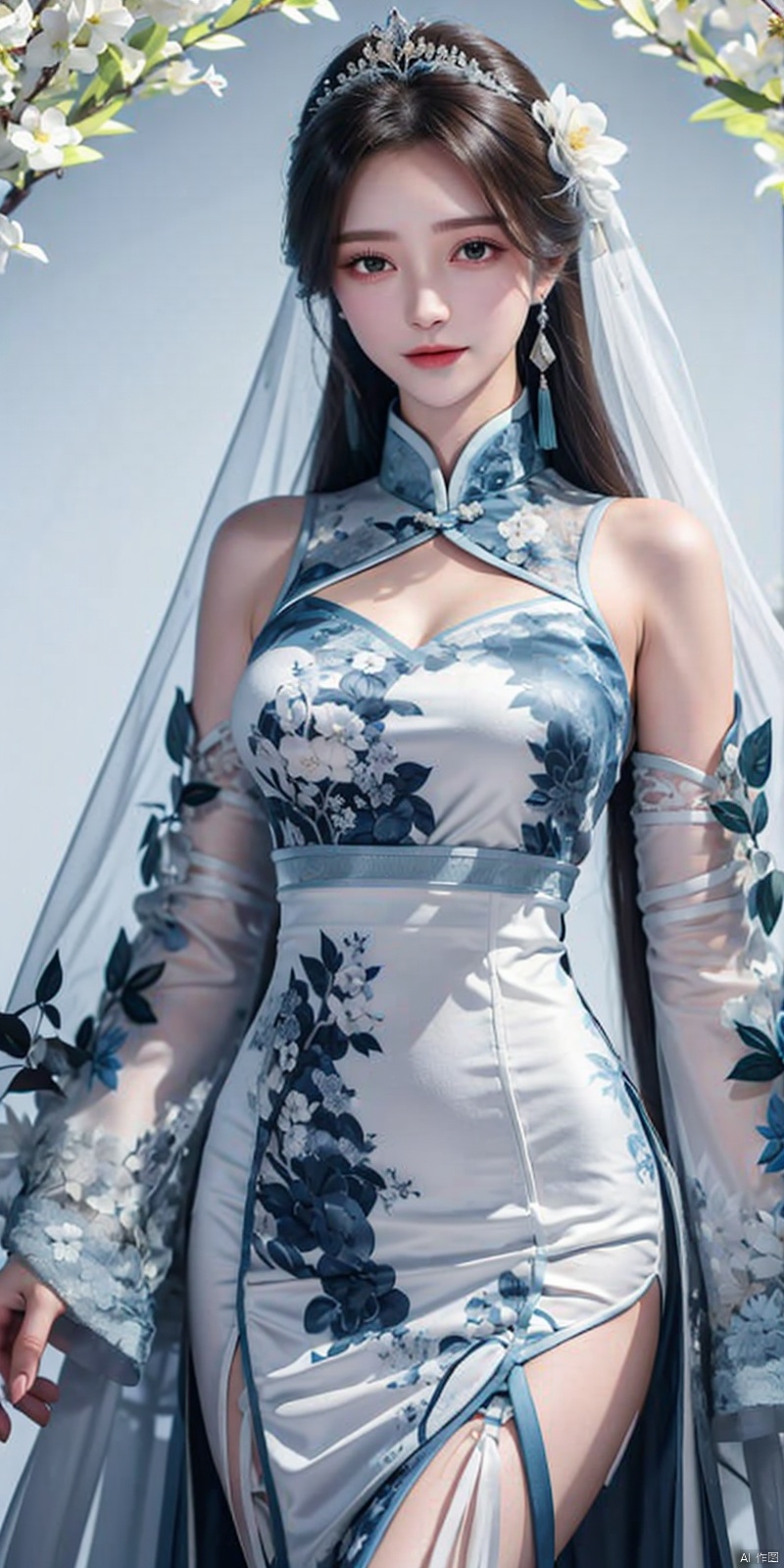 cowboy shot,(Good structure), DSLR Quality,Depth of field,kind smile,looking_at_viewer,Dynamic pose,,masterpiece, The best quality, 1girl, luxurious wedding dress, dreamy scene, white background, front viewer, looking at viewer, Flowers, romantic, Bride, Translucent white turban, UHD, 16k, , sparkling dress, , white stockings, , chinese dress,white dress,long hair,
chinese clothes,dress,white dress,floral print,china dress,blue dress,hanfu,long sleeves,print dress,robe,skirt,sleeveless dress,widesleeves, weddingdress, , ((poakl)),,, liushen