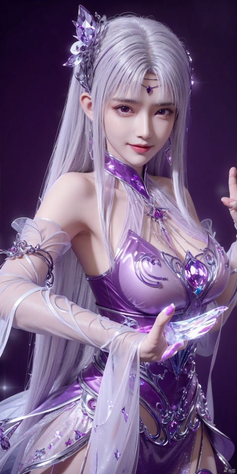  best quality, masterpiece, (Good structure),cowboy_shot, DSLR Quality,Depth of field ,looking_at_viewer,Dynamic pose, , kind smile,
1 girl,(Purple light effect),hair ornament,jewelry,looking at viewer, , dofas,(ultra-detailed crystallization),transparent crystals, , , , , ,, xiaoyixian,white hair