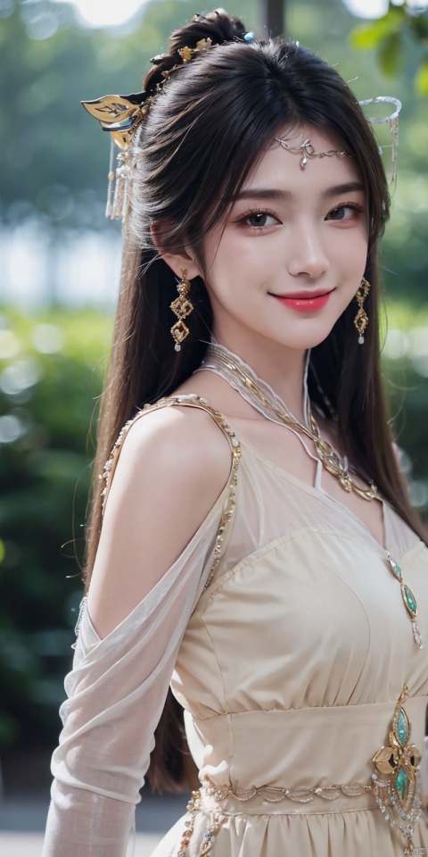  best quality, masterpiece, realistic,,(Good structure), DSLR Quality,Depth of field,kind smile,looking_at_viewer,Dynamic pose, 
jinpinger, 1girl, solo, earrings, jewelry, dress, upper body, hair ornament, black hair, white dress, long hair, blurry background, looking at viewer, smile