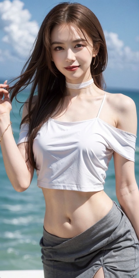  cowboy_shot,(Good structure), DSLR Quality,Short skirt,Blue sky, white clouds, ocean, nai3, 1girl, solo, crop top, , choker, navel, shirt, midriff, crop top overhang, looking at viewer, white shirt, jewelry, breasts, bare shoulders, off-shoulder shirt, off shoulder, black choker, thighs, stomach, long hair, bracelet, short sleeves, ribbon, hand up, collarbone, hair ribbon, medium breasts, , bra strap, , hair ornament, thigh gap, necklace, expressionless, , ,kind smile,   , nike