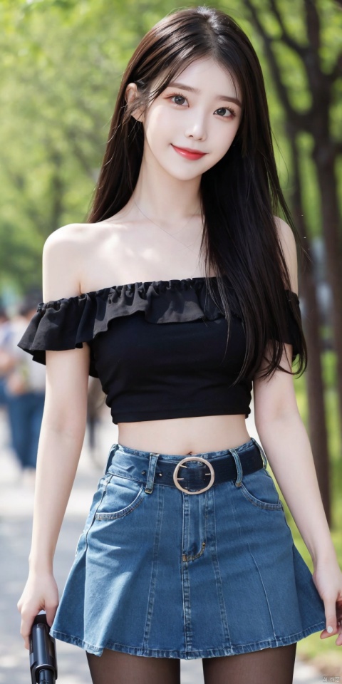  best quality, masterpiece, cowboy_shot,(Good structure), DSLR Quality,Depth of field,kind smile,looking_at_viewer,Dynamic pose,
 1girl, 3d, bare_shoulders, belt, blurry, blurry_background, blurry_foreground, branch, , , , collarbone, *******_photo, denim, denim_skirt, depth_of_field, , lips, long_hair, looking_at_viewer, midriff, miniskirt, motion_blur, navel, outdoors, photo_\(medium\), realistic, skirt, solo, standing, tree, , , , blackpantyhose, , , , , , , lizhien