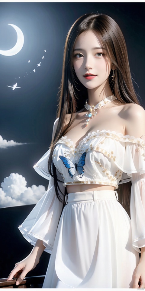  (Good structure),cowboy_shot,1girl, bare_shoulders, bug, butterfly, cleavage, cloud, crescent_moon, full_moon, hair_ornament, lips, long_hair, looking_at_viewer, medium_breasts, moon, moonlight, night, night_sky, red_lips, kneeling, sky, solo, star_\(sky\), starry_sky, sun,,,looking_at_viewer,kind smile, 1girl, , , linghua