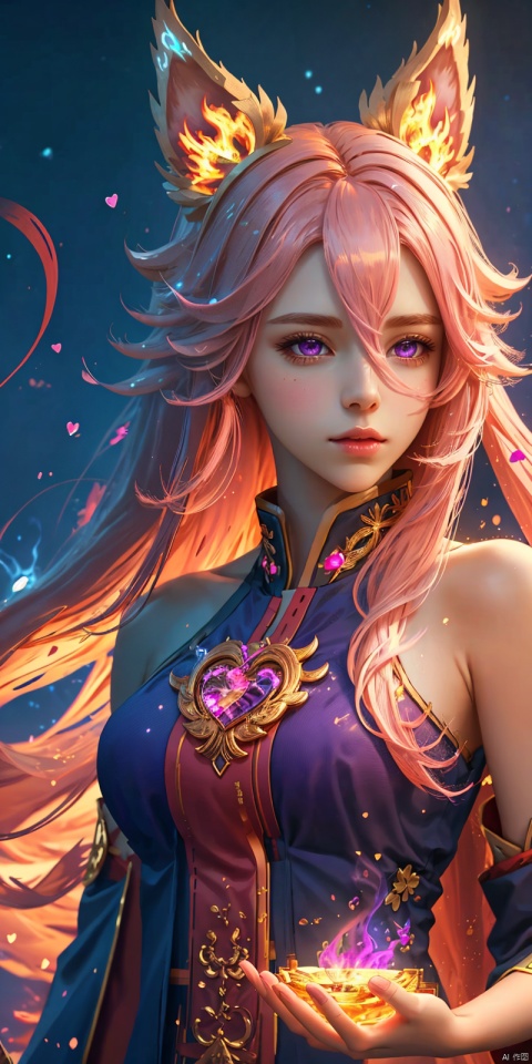  masterpiece, 1 girl, Look at me, Long hair, Flame, A magical scene, glowing, Floating hair, realistic, Nebula, An incredible picture, The magic array behind it, Stand, textured skin, super detail, best quality, ,,dress, ((poakl)), yae miko,purple eyes, pink hair, animal ears, bare shoulders, fox ears, heart, , long hair, , hair between eyes,pink hair