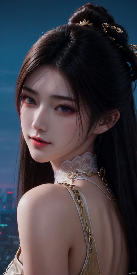 best quality, masterpiece, realistic,cowboy_shot,(Good structure), DSLR Quality,Depth of field,kind smile,looking_at_viewer,Dynamic pose, 
 neonpunk style Neon noir leogirl,hANMEIMEI,realistic photography,,On the rooftop of a towering skyscraper,a girl stands,facing the camera directly. Behind her,a multitude of skyscrapers stretches into the distance,creating a breathtaking urban panorama. It's the perfect dusk moment,with the evening sun casting a warm glow on the girl's face,intensifying the scene's impact. The photo captures a sense of awe,with the sharpness and realism making every detail vivid and clear,Hair fluttered in the wind,long hair,halterneck, . cyberpunk, vaporwave, neon, vibes, vibrant, stunningly beautiful, crisp, detailed, sleek, ultramodern, magenta highlights, dark purple shadows, high contrast, cinematic, ultra detailed, intricate, professional, ,, ,jinpinger