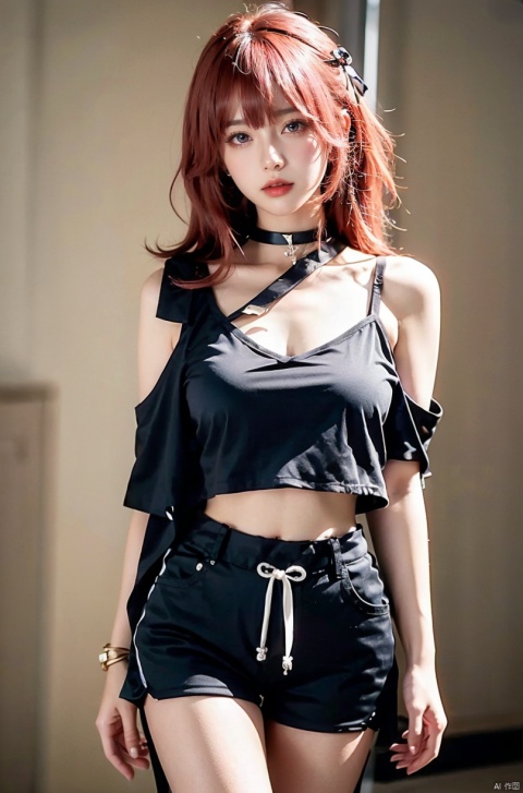  nai3, 1girl, shorts, solo, crop top, black shorts, choker, navel, shirt, midriff, crop top overhang, looking at viewer, white shirt, jewelry, breasts, cowboy shot, bare shoulders, short shorts, off-shoulder shirt, off shoulder, black choker, thighs, stomach, hand on own thigh, long hair, bracelet, short sleeves, ribbon, hand up, collarbone, hair ribbon, medium breasts, standing, high-waist shorts, dolphin shorts, bra strap, closed mouth, hair ornament, thigh gap, bangs, necklace, expressionless,, yae miko,pink hair