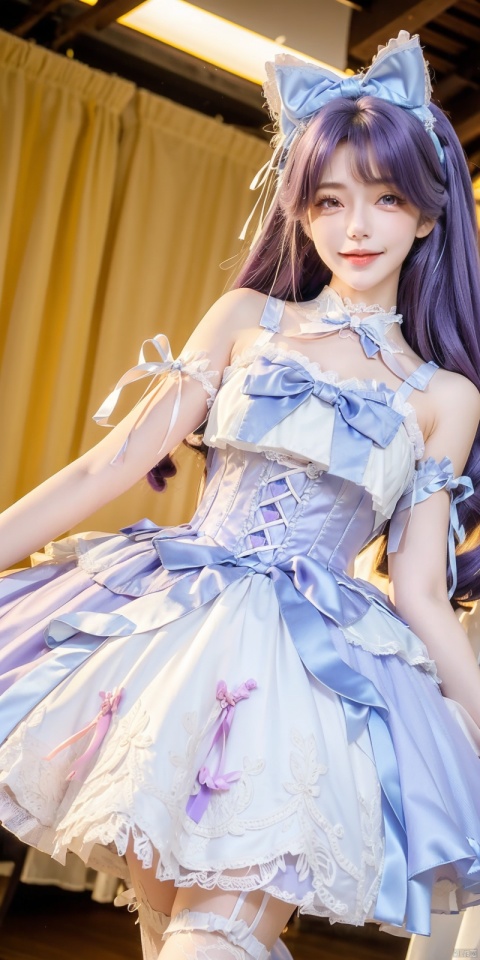  (Good structure), DSLR Quality,Depth of field,kind smile,looking_at_viewer,Dynamic pose, ,(wariza),,Girl, bare shoulders,  , boobs, bow tie, ,purple   eyes, cat ears, collar, ((Lolita Dress: 1.4)) , blue and white Lolita dress, wrinkled leg outfit, hand-held, lips, nose, shoulders, , alone, long_hair, kind smile, looking at the audience, white leg costume, wrist cuffs, 1girl,,looking_at_viewer, , lolidress, ,, ,purple hair, yunxi