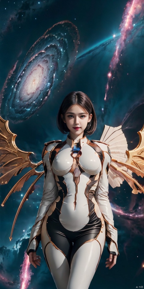  (Good structure), DSLR Quality,Depth of field,kind smile,looking_at_viewer,Dynamic pose, 1girl, wings, solo, nebula wings, , , navel, dress, pink wings, looking at viewer, star \(sky\), , , bare shoulders, sky, starry sky, collarbone, realistic, nebula, ((poakl)), short_hair, jiqing