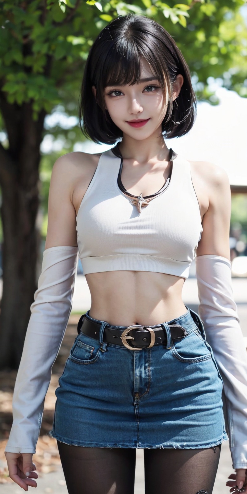  best quality, masterpiece, cowboy_shot,(Good structure), DSLR Quality,Depth of field,kind smile,looking_at_viewer,Dynamic pose,
 1girl, 3d, bare_shoulders, belt, blurry, blurry_background, blurry_foreground, branch, , , , collarbone, cosplay_photo, denim, denim_skirt, depth_of_field, , lips, long_hair, looking_at_viewer, midriff, miniskirt, motion_blur, navel, outdoors, photo_\(medium\), realistic, skirt, solo, standing, tree, , , , blackpantyhose, jiqing,short_hair