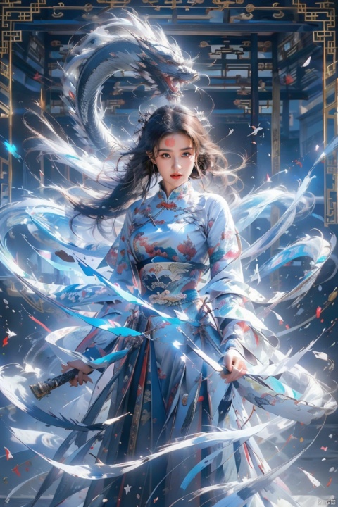  1 girl, solo, (upper body) female focal point, (Hanfu) (kimono) (skirt), blue long hair, (Chinese clothing) (blue eyes) (bright pictures) red lips, bangs, earrings, kimono, Chinese cardigan, print, tassels, (front view) (front view), sword (straight sword)
Elemental Whirlwind, Chinese Dragon_ Imagination__ Cloud winding_ Huoyun_ Dragon, Chinese architecture.
(Masterpiece), (very detailed CG Unity 8K wallpaper), the best quality, high-resolution illustrations, stunning, highlights, (best lighting, best shadows, a very exquisite and beautiful), (enhanced)·, liuyifei