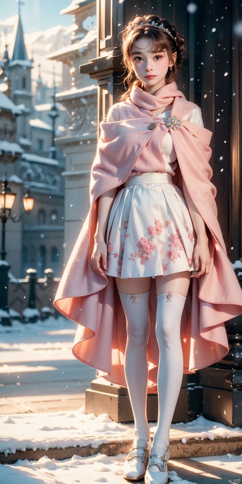  1 girl,Transparent skirt,pink face,stockings,(snow:1.2),(snowing:1.2),peach blossom,snow,solo,scarf,pink hair,smile,long hair,bokeh,realistic,long coat,blurry, captivating gaze, embellished clothing, natural light, shallow depth of field, romantic setting, dreamy pastel color palette, whimsical details, captured on film,. (Original Photo, Best Quality), (Realistic, Photorealistic: 1.3), Clean, Masterpiece, Fine Detail, Masterpiece, Ultra Detailed, High Resolution, (Best Illustration), (Best Shadows), Complex, Bright light, modern clothing, (pastoral: 1.3), smiling,standing,(very very short skirt:1.5),knee socks,(white shoes: 1.4),long legs, forest, grassland,(view: 1.3), 21yo girl, striped, , capricornus, 1girl, light master, Light master, ((poakl)), , heben, brown hair