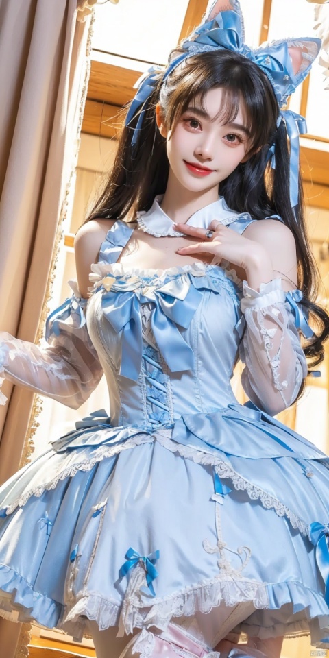  (Good structure), DSLR Quality,Depth of field,kind smile,looking_at_viewer,Dynamic pose, ,(wariza),,Girl, bare shoulders, , boobs, bow tie, ,purple eyes, cat ears, collar, ((Lolita Dress: 1.4)) , blue and white Lolita dress, wrinkled leg outfit, hand-held, lips, nose, shoulders, , alone, long_hair, kind smile, looking at the audience, white leg costume, wrist cuffs, 1girl,,looking_at_viewer, , lolidress , , jujingyi