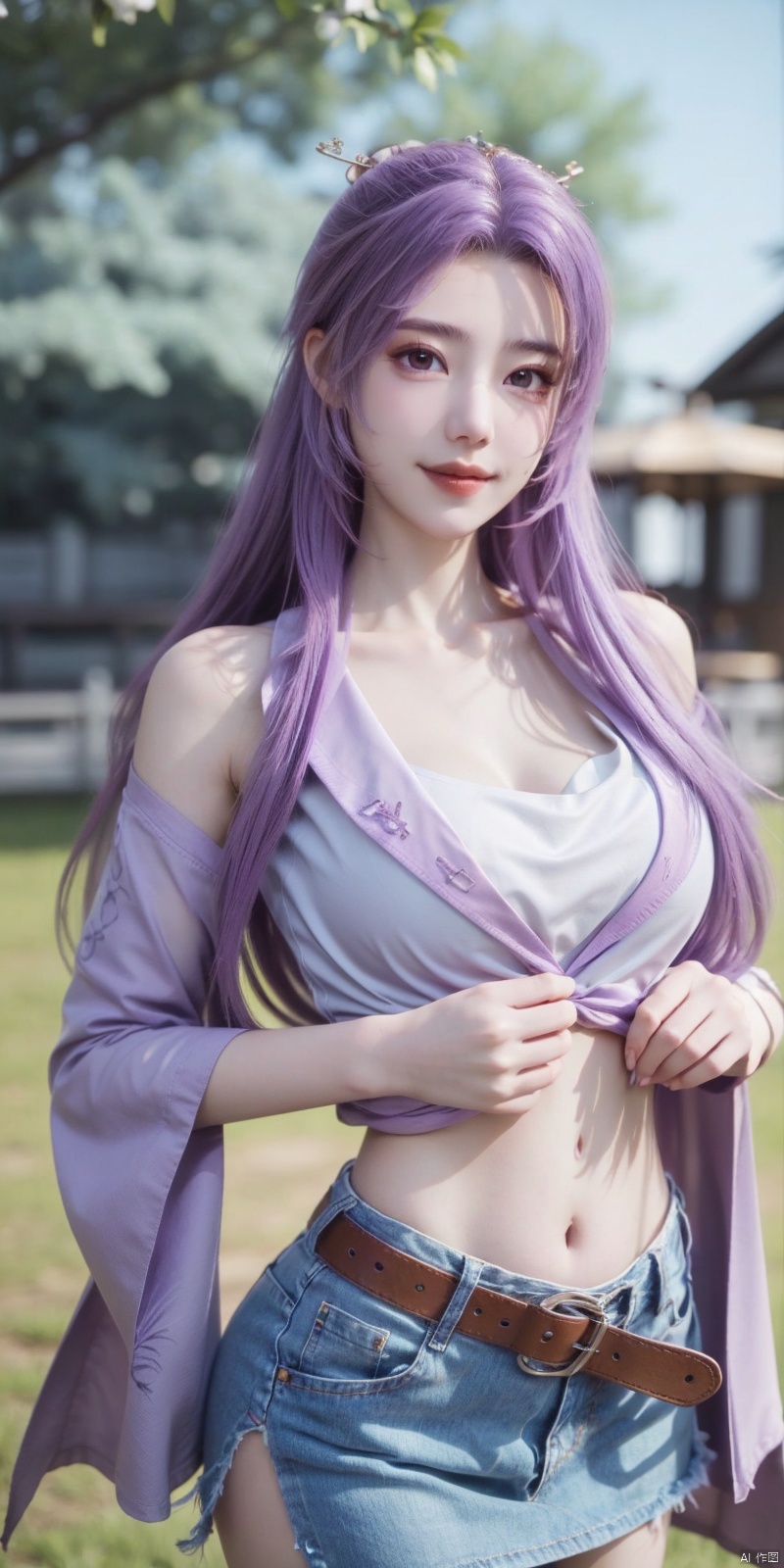  best quality, masterpiece, cowboy_shot,(Good structure), DSLR Quality,Depth of field,kind smile,looking_at_viewer,Dynamic pose,
 1girl, 3d, bare_shoulders, belt, blurry, blurry_background, blurry_foreground, branch, breasts, brown_eyes, brown_hair, collarbone, cosplay_photo, denim, denim_skirt, depth_of_field, hand_on_own_chest, lips, long_hair, looking_at_viewer, midriff, miniskirt, motion_blur, navel, outdoors, photo_\(medium\), realistic, skirt, solo, standing, tree, , yunxiao,purple_hair