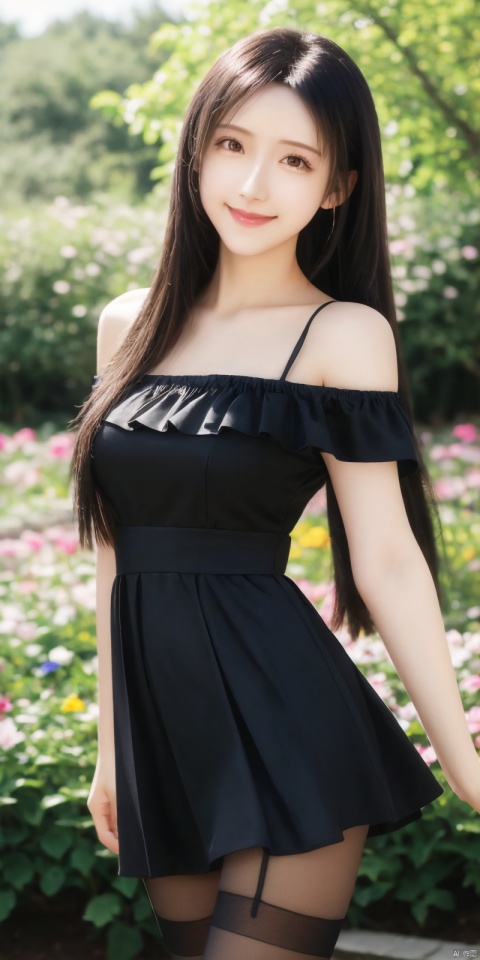 (Good structure),, DSLR Quality,Depth of field ,looking_at_viewer,Dynamic pose, , kind smile,
 (masterpiece, best quality:1.2),illustration,absurdres,highres,extremely detailed,1girl,long hair,black hair,pale skin,off-shoulder dress,black thighhighs,outdoors,flower,fluttering petals,upper body,(:d:0.8),chromatic aberration abuse,pastel color,Depth of field,garden of the sun,shiny,breasts,, tifa, blackpantyhose