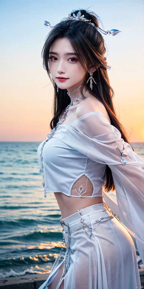  (Good structure),cowboy_shot, DSLR Quality,Depth of field ,looking_at_viewer,Dynamic pose, , kind smile,,
1girl, solo, long hair, , looking at viewer, skirt, hair ornament, bare shoulders, jewelry, , black hair, earrings, outdoors, midriff, water, necklace, lips, crop top, grey eyes, leaning forward, ocean, white skirt, strapless vest, sunset, sun, , luxueqi