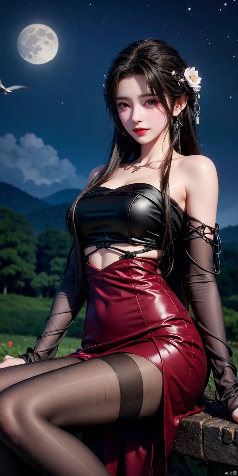  (Good structure),cowboy_shot,Girl in the Flower Field of Lycoris. Sitting in a clearing. 
Long elaborate hairstyle with loose hair and braids, Beautiful hair clips. Burgundy lipstick.
Long fluffy black and burgundy luxury dress,crop top , Elegant clothes. 
 Lycoris petals fly in the wind. 
Esthetics. Good Quality. 
Night., more_details, , starrystarscloudcolorful, moon, night, moonlight, beautiful starry sky,qingyi, blackpantyhose,looking_at_viewer,kind smile,Dynamic pose, yangchaoyue