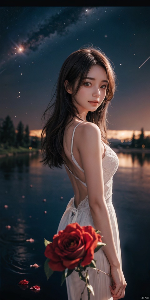  (Good structure), DSLR Quality,Depth of field ,looking_at_viewer,Dynamic pose, , kind smile,1girl ,
8k resolution, Masterpiece quality, High detail. from below,
Fantasy theme, cropped. {(1 girl:1.5),(close to viewer:1.8), ((looking at viewer:2), beautiful face, ), ((worm's eye shot:1.2)),perspective distortion}, (Panoramic view, fisheye lens effect:1.1). 
{(Strong backlighting, underexposure:1.4), (blocked shadows:0.8), depth of field(at 100mm focal length:1.2)}, (horizon:0.7), low key earth.
the starry sky feathering into the background, creating a sense of depth and gradient. Incorporating Droste Effect(an endless repetition and reflection:1.2). 
Surrounded by fluttering rose petals, reflected or casting dramatic shadows and highlights, {(meteor shower, planets:1.1), (Vermilion Comet:1.3)}. mesmerizing effect, a dreamlike ambiance of infinity. A vortex of rose petals, a starry sky vortex, , as, vortex, tyjf, , , sunyunzhu